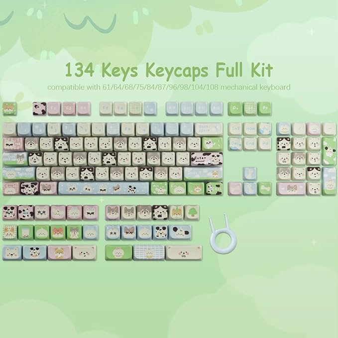 PBT Keycaps 134 Keys Cute Keycap Dye-Sublimation Matcha Green Pet Puppy Keycap Mao Profile Cat Shape Custom Keycaps for Cherry Gateron MX Swithes Mechanical Keyboards