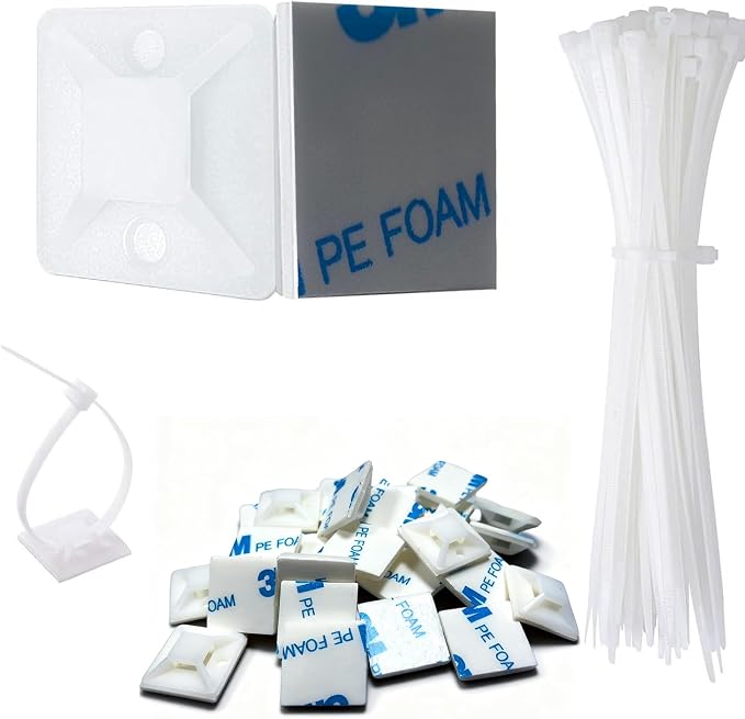 Strong Back-Glue Self Adhesive Cable Zip Tie Mounts Kit - 100 Set Cable Management Clips with 6" Zip Ties, Wire Holders - Outdoor Sticky Wire Organizer Clips - White