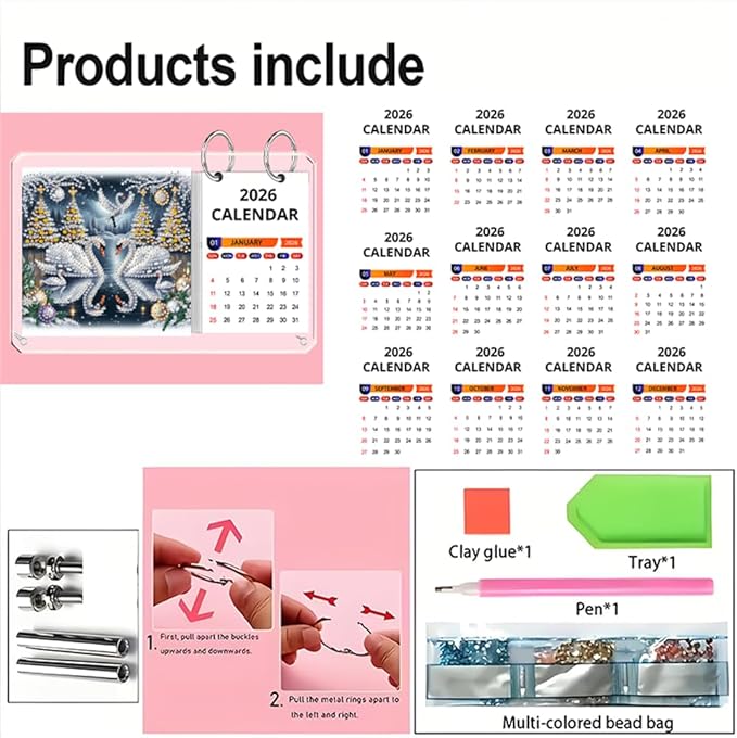 2026 Standing Desk Calendar DIY Diamond Art Painting Monthly Flip Desktop Calendar Mosaic Kits Acrylic Tabletop Calendars Diamond Art Craft Supplies Planner for Office Home Decor-Swan