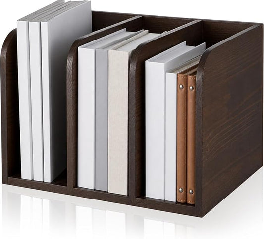 Novabright Walnut Color Pine Wood File Magazine Holder Desk Organizer, 3 Vertical Compartments Workspace Sorters for Magazines, Notebooks, Envelopes
