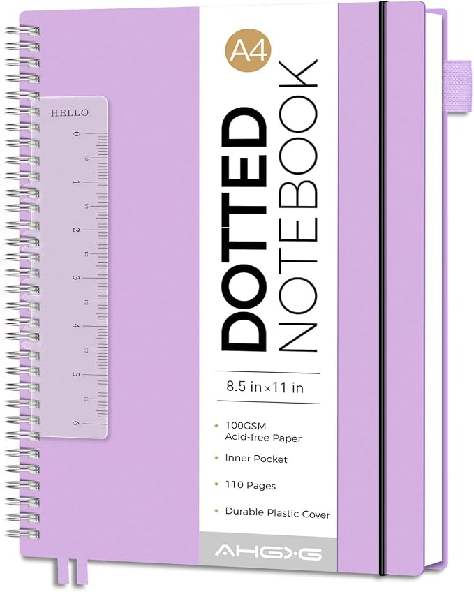 AHGXG Dotted Journal - Dot Grid Spiral Notebook 8.5" x 11", A4 Large Dotted Notebook, 100 GSM Thick Paper, Waterproof Plastic Cover Journals for Journaling, Sketching, Purple