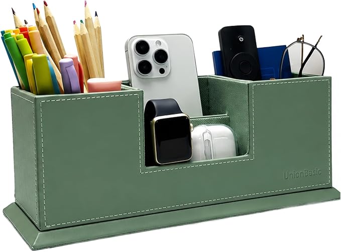 UnionBasic Desk Organizer, Desktop Caddy Leather Multi-compartment Pen Holder Office Stationer Organizer, Malachite Green