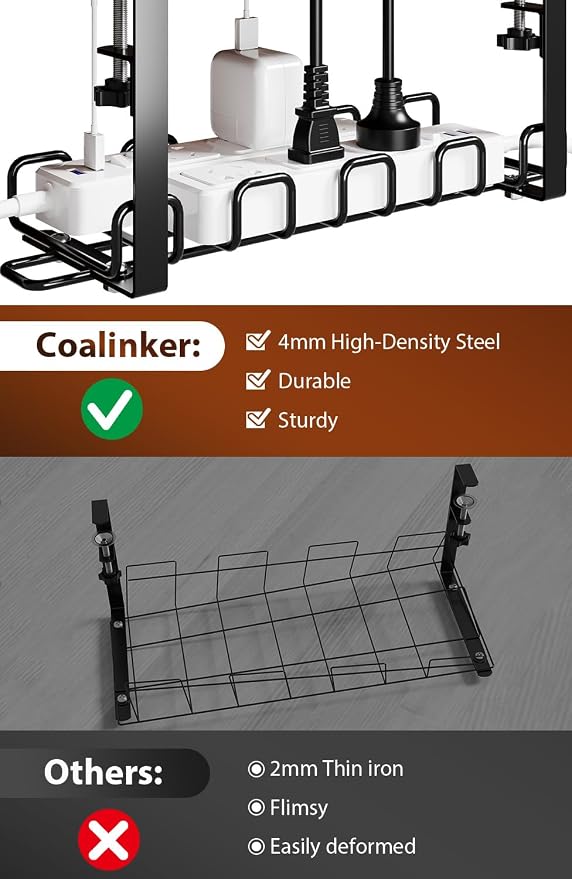 Cable Management Tray Under Desk 15.8'' - 4mm Wire Sturdy Cord Organizer for Desk Accessories - Cord Organization with Clamp No Drill - Standing Desk Accessories for Home Office