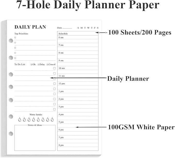 7-Hole Punched To Do List Insert - Undated Daily Planner Refill for 3/7 Hole Mini Binder,100 Sheets/200 Pages Planner and Lined Refill, 100 gsm White Paper, 5.8'' x 8.3''