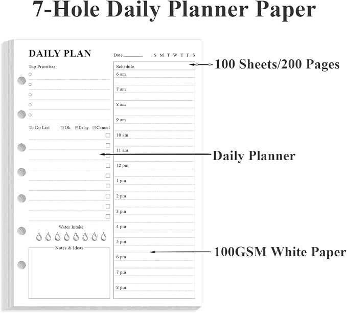 7-Hole Punched To Do List Insert - Undated Daily Planner Refill for 3/7 Hole Mini Binder,100 Sheets/200 Pages Planner and Lined Refill, 100 gsm White Paper, 5.8'' x 8.3''
