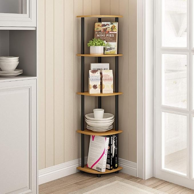Furinno TURN-N-TUBE Corner Shelf, 5-Tier Corner Bookshelf, Open Storage Shelves, for Organization and Storage, Living Room, Home Office, Garage, Bedroom, Light Cherry