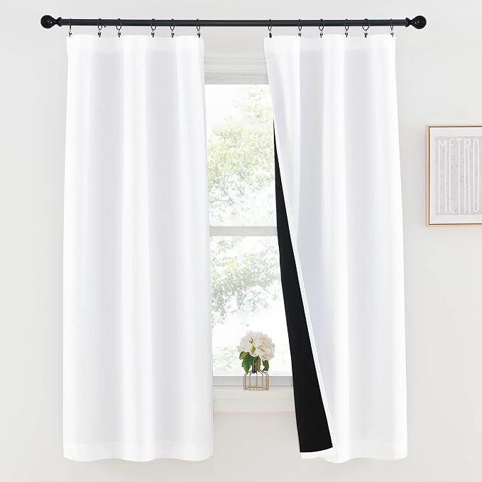 NICETOWN White 100% Blackout Lined Curtains, 2 Thick Layers Completely Blackout Rod Pocket Thermal Insulated Drapes for Kitchen/Bedroom (1 Pair, 37 inches Width x 63 inches Length Each Panel)