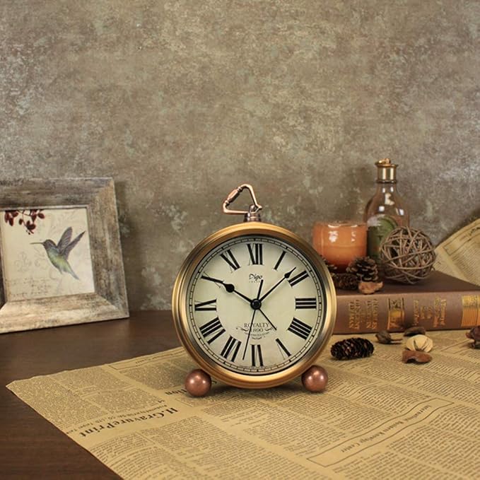 Maxspace Metal Golden Table Clock, Retro Vintage Non-Ticking Small Alarm Clock,Battery Operated Silent Quartz Movement HD Glass Desk Clock for Bedroom Living Room Indoor Decoration Kids… (Roman2)