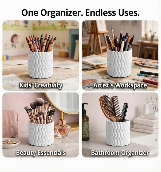 White Pen Holder for Desk, 360° Rotating Pencil Organizer, 5 Slots | Spinning multi-use organizer holds pens, makeup brushes, art supplies & markers — desk caddy for office, classroom or vanity
