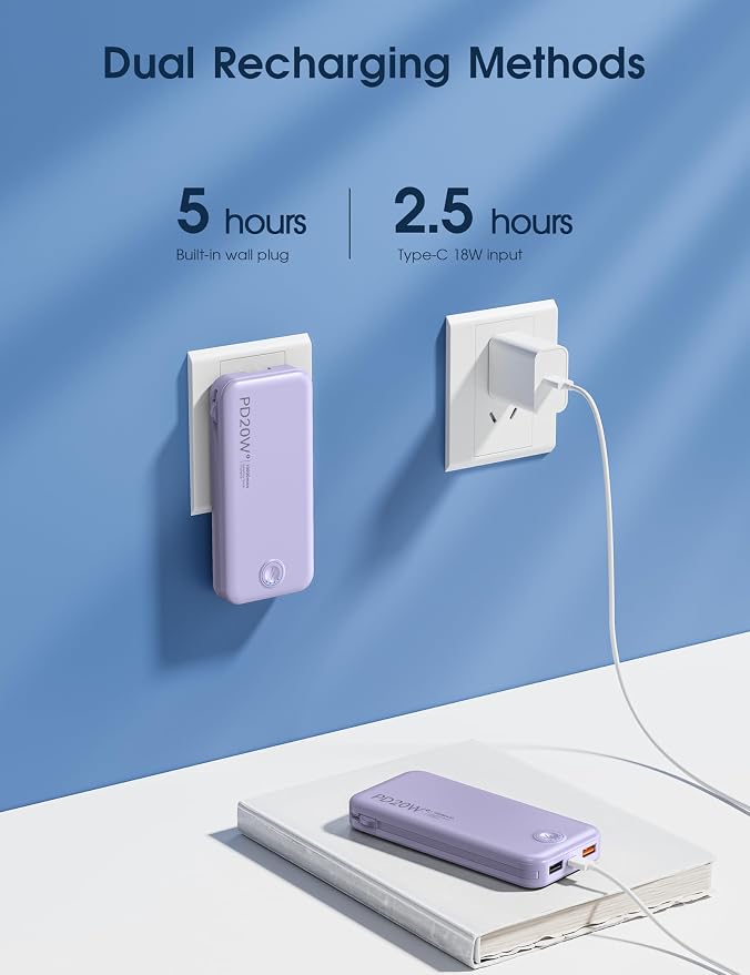 Nusyddy Portable Charger 10000mAh PD20W w/Built-in Cables & Wall Plug Purp. | PD20W Fast Charging, Battery Indicator, Pass Through Charging, TSA Approved, Compact/Slim, Power Bank for iPhone/iPad/Samsung