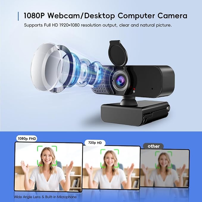 1080P Webcam with Microphone and Physical Privacy Cover, Noise Cancelling USB Web Camera, Auto Light Correction, Plug and Play, Wide Angle PC Camera for Zoom, Online Class, Laptop/Desktop