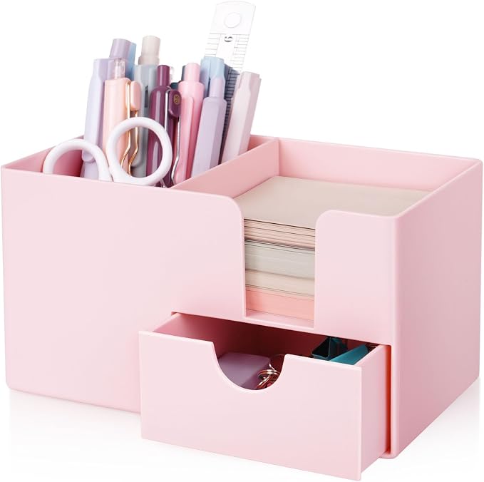 SKYDUE Small Desk Organizer with Drawer | 3 Compartments, Desk Pen Holder, For Home, School, Classroom & Office