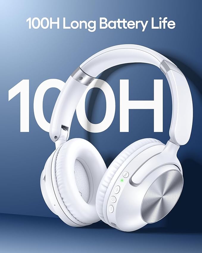 TAGRY Hybrid Active Noise Cancelling Headphones 100H Playtime Wireless Over Ear Bluetooth Headphone with Fast Charging Hi-Res Audio Comfort Earcups Headsets for Travel Home Office Phone PC White