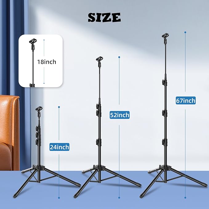 Mic Stand Detachable Gooseneck Microphone Stand Floor Height Adjustable from 24” to 67” for Kids with 2 Mic Clips for Singing Lecture Stage Wedding
