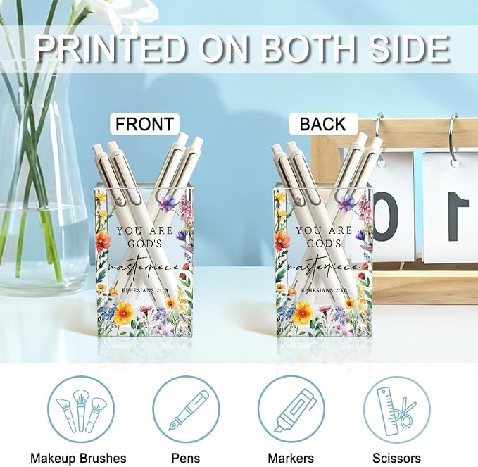 You Are God's Masterpiece Acrylic Pencil Holder Cup for Women Girls | Floral Christian Pen Holder Gifts for Desk, Christian Bible Verses Makeup Brush Organizer for Home Office Desk Accessories