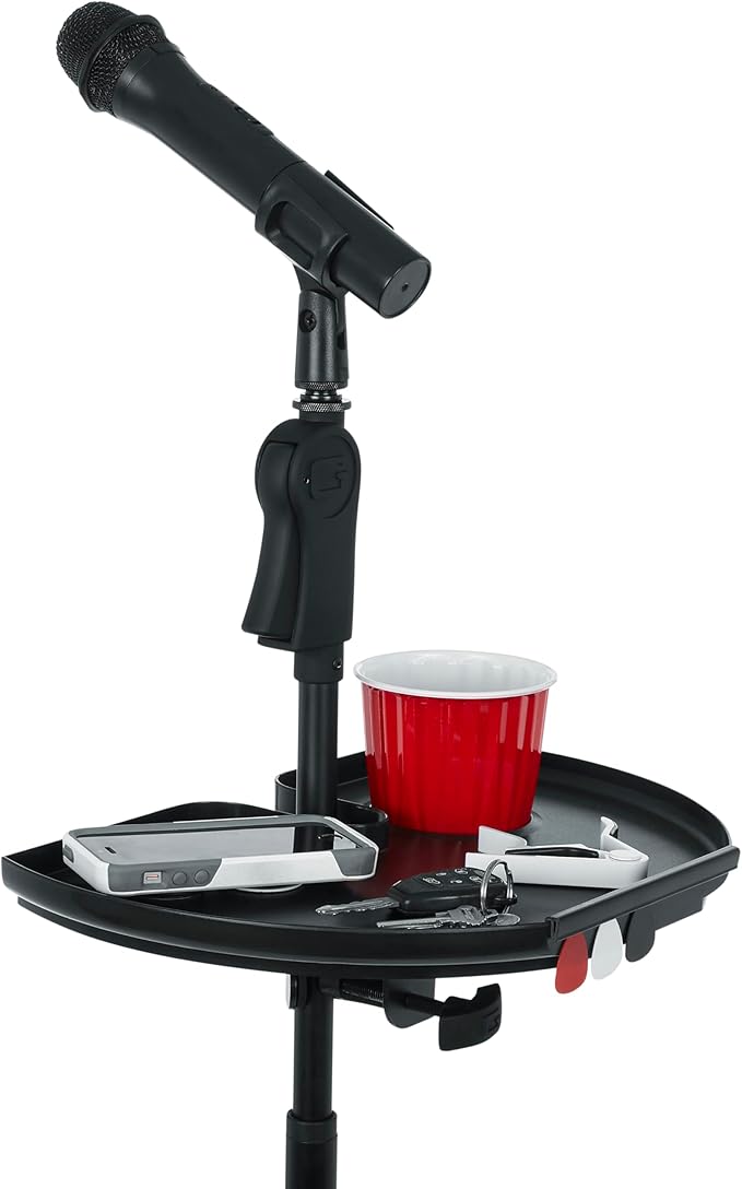 Gator Frameworks Clamp-On Microphone Stand Accessory Drink Holder with Guitar Pick Tab, Extra Large Tray, 14" x 9" (GFW-MICACCTRAYXL)
