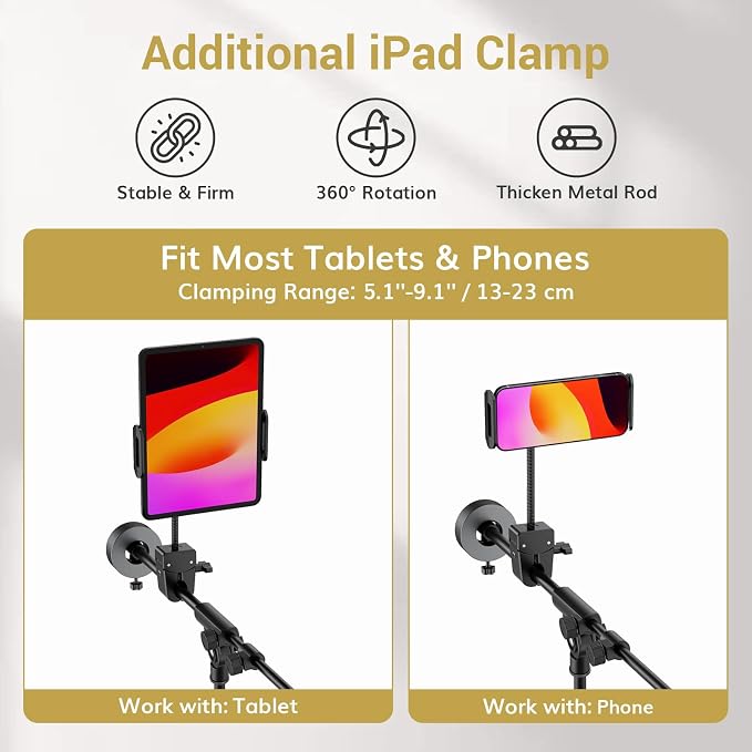 TONOR Microphone Stand with Tablet Holder, Tripod Boom Arm for Floor, Adjustable Height and Angle, Stand with Carrying Bag, Pad Clamp, Max 190 cm/74.8inch, High Compatibility, Cup Tray, T35+