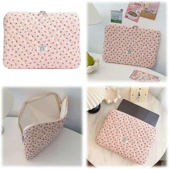 Cute Laptop Sleeve 13-15 inch Laptop Case Aesthetic Quilted Laptop Sleeve Computer Bag with Flower Printing for MacBook (A-Pink, 13inch)