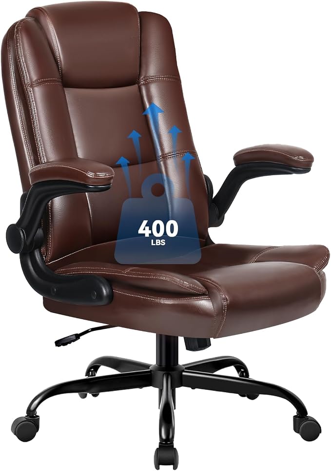 Ergonomic Office Chair with Flip-up Armrests, Big and Tall Leather Executive Office Chair, High Back Lumbar Support Home Computer Desk Chair, Heavy and Duty Computer Chair (Brown)