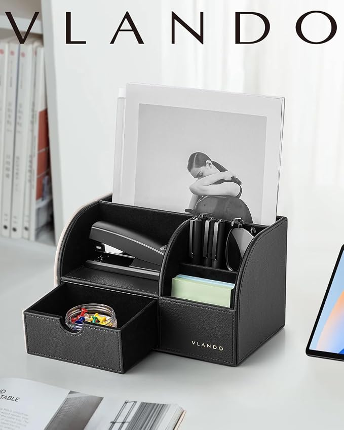 VLANDO Desk Organizer, 6-Compartment Faux Leather Desk Storage with Drawer | Remote Control Holder for Office Desk Accessories,Pens, Notes,Stationery,Business Cards,Gift Ideas,Black