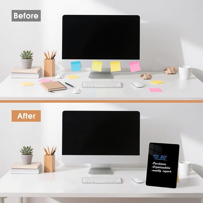 Desktop Black Glass Dry Erase Board, 9.5" x 6.7", Adjustable Wood Stand | Small Glass Whiteboard, Reusable Desk Notepad for Home Office