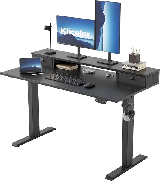 Klicelor 48 x23 Inch Electric Standing Desk with Drawers, Adjustable Height Small Sit Stand Desk for Home Office, Compact Computer Workstation with Storage– Black