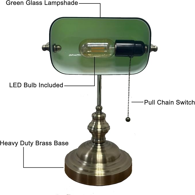 Green Bankers Lamp, Vintage Library Lamp with Pull Chain,Retro Table Lamps for Home Office, Study Room, Piano LED Bulb Included