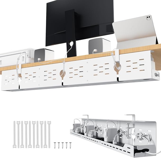 Univivi Under Desk Cable Management Tray, Cable Management, 48 inch, White | Durable Steel Material, Cord Organizer with No-Drill C-Clamp and Screw Mount, Effortless Wire Management for Office/Home