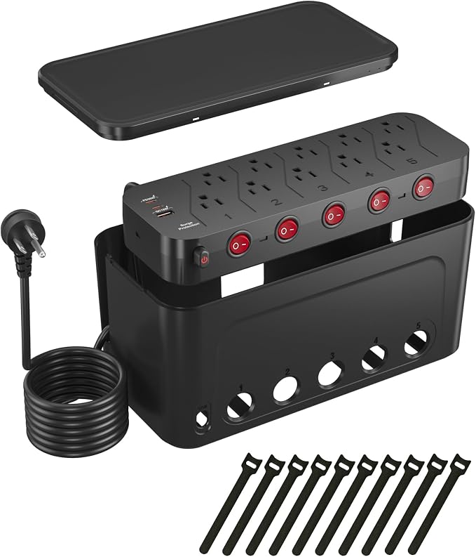 Power Strip with Cable Management Box, Large Cable Organizer Box, Black | Power Strip Box with 10 AC and 3 USB,6 ft Flat Plug Extension Cord,Outlet Hider Charging Station,Hidden Desk Cord Organizer