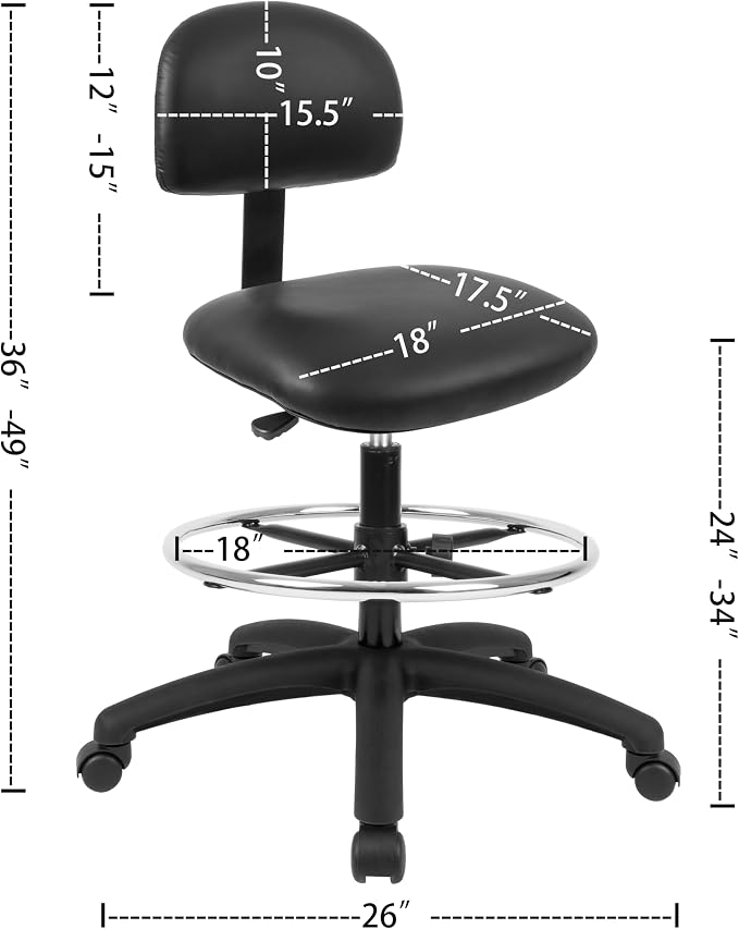 FSS Series Square seat Tall (24"-34") seat Height Chair. Vinyl-for Office, Garage, Desk, Shop, Computer, Doctor, Medical, Easy to Clean! 18" Footring (Black, Tall, _Standard Casters)
