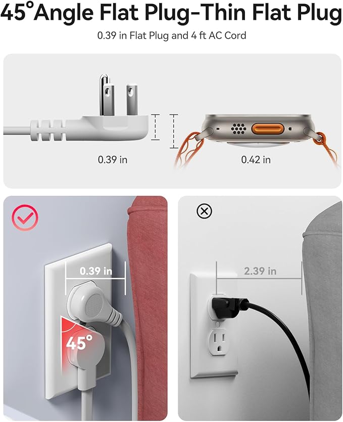 ORICO 22.5W Travel Power Strip, 7 in 1 Charging Station with 3AC, 2 USB-A, 2 USB-C, 4ft Thin Extension Cord, Flat Plug Fashion Essential for Travel/Home/Office/Library/Dorm - TK22
