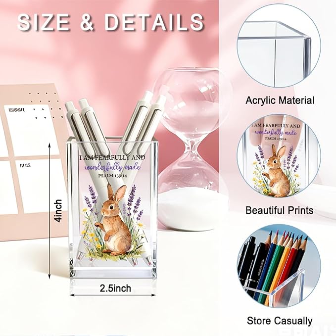 I Am Fearfully And Wonderfully Made Psalm 139:14 Acrylic Pencil Pen Holder Cup, Cute Rabbit Print Bookmark Storage Organizer, Desk Accessories Holder, Graduation Gifts for Daughter Niece