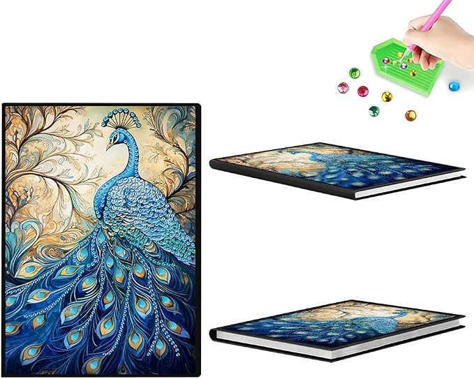 FRANDEK Pearl Painting Notebook Kit, Blue Peacock A5 DIY Journal with 50 Blank Pages, Diamond Gem Art Cover with Waterproof Canvas, Beginner Craft Set with Full Tools for Adults