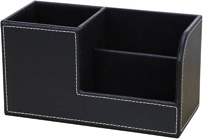 KINGFOM Desk Organizer Office Supplies Caddy Pu Leather Multi-function Storage Box Pen/Pencil,Cell phone, Business Name Cards Remote Control Holder Black