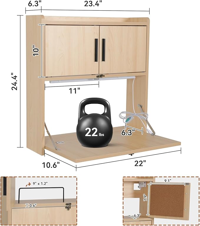 ARTETHYS Wall Mounted Desk Folding with LED Light Drop Down Hanging Desk | 3 Color Adjustable Light, Writing Workstation with Storage Compartment, Space Saving for Home Office, Wood Color