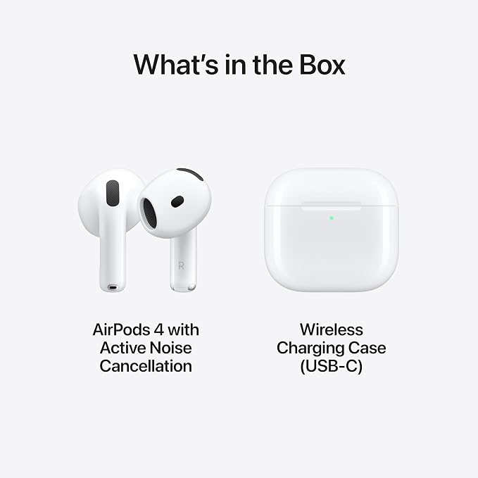 Apple AirPods 4 Wireless Earbuds, Bluetooth Headphones, with Active Noise Cancellation, Adaptive Audio, Transparency Mode, Personalized Spatial Audio, USB-C Charging Case with AppleCare+ (2 Years)