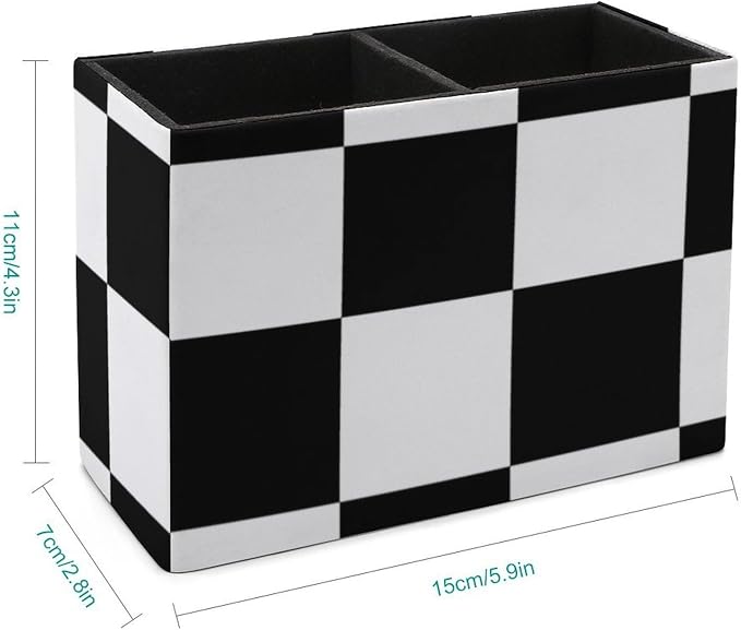 Chess Pattern Black And White Checkered PU Leather Pen Holder Desk Organizer, 2-Compartment Pencil Container for Office, Home, Vanity Use