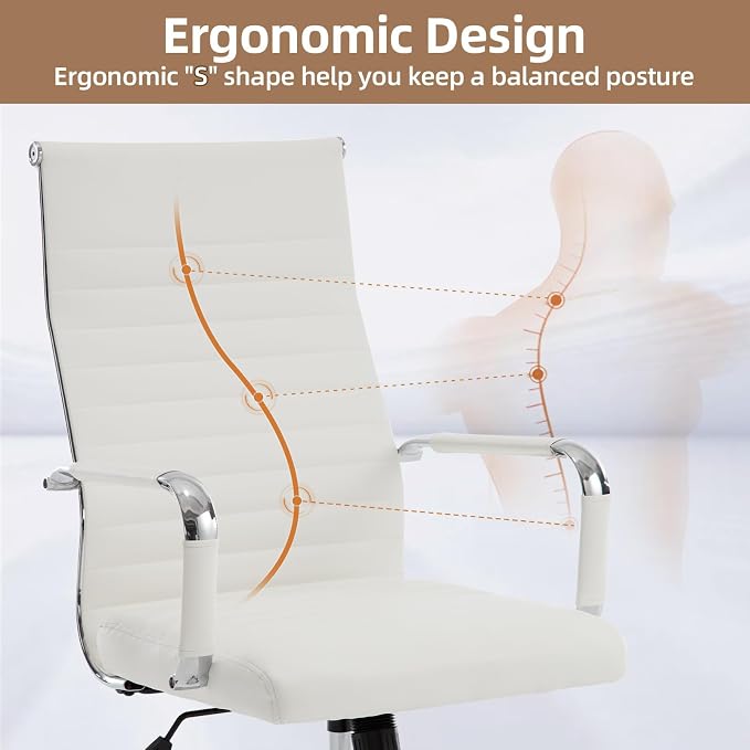 Office Chair, Ergonomic Executive Conference Room Chairs, Ribbed Leather Desk Chair with Lumbar Support, Adjustable Height Mid-Back Swivel Chair with Padded Seat