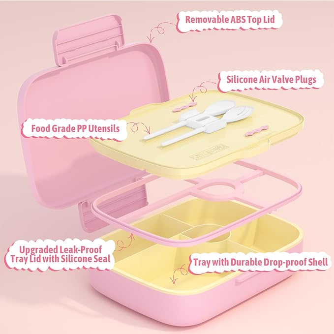 Kids Bento Lunch Box with Thermo Leak-Proof Snack Lunch Containers with Insulated Lunch Bag Utensils Set Back to School Supplies Gifts for Boys and Girls Toddlers Kindergarten Lunch Accessories Pink