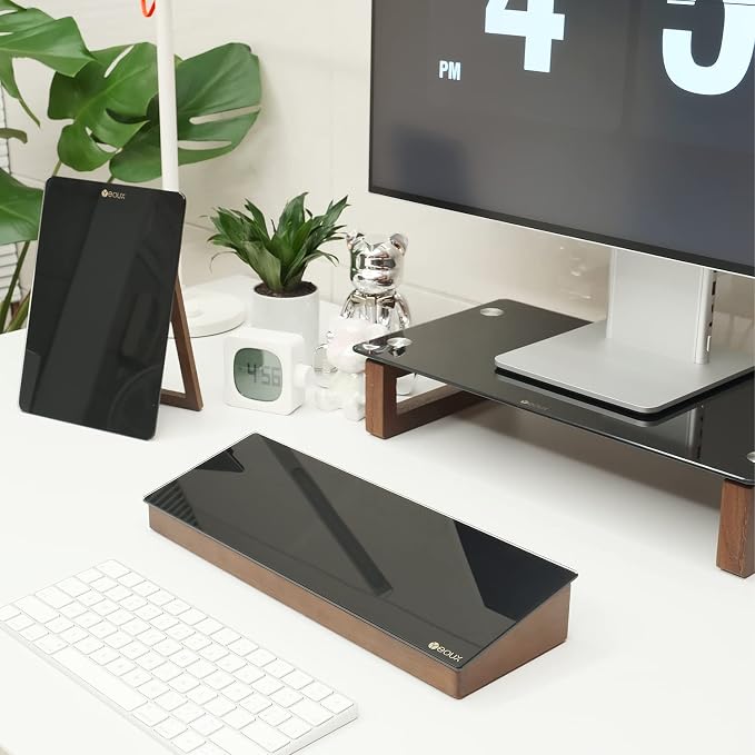 Desktop Black Glass Dry Erase Board with Wood Organizers for Small Office Supplies, Desk Whiteboard with Drawer for Home Office Cubicle, Accessories Included, Yeoux | Build With Soild Walnut Wood & Tempered Glass, Small Office Supplies Storage, For Hom...