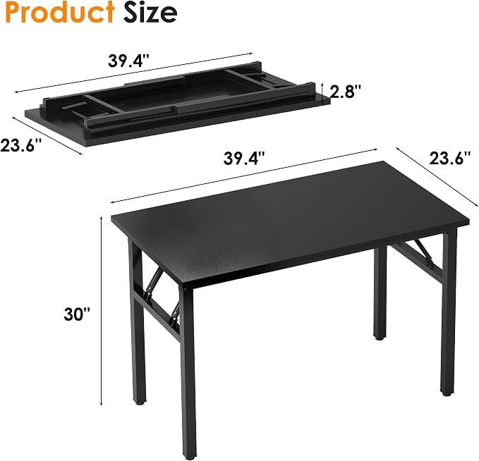 SogesHome Small Foldable Desk for Home Office, 39 Inch Compact Computer Table with Adjustable Leg Pads, No Assembly Needed Folding Writing Conference Desk Gaming Table for Small Spaces, Black