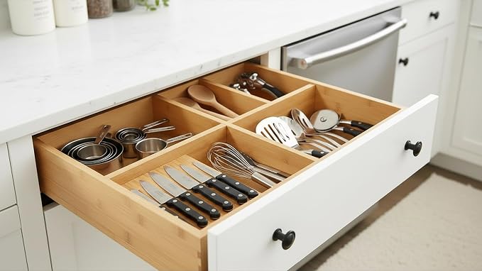 Bamboo Drawer Dividers, 16.5"-22" Adjustable Expandable Organizers, 4 Pack, Tension Mount, Slip Resistant, for Kitchen and Home
