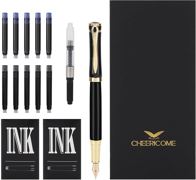 Cheericome Luxury Fountain Pen Set for Men & Women - Ink Pen for Smooth Writing - Fountain Pen Fine Nib，Includes 10 Ink Cartridges and Ink Refill Converter - Black