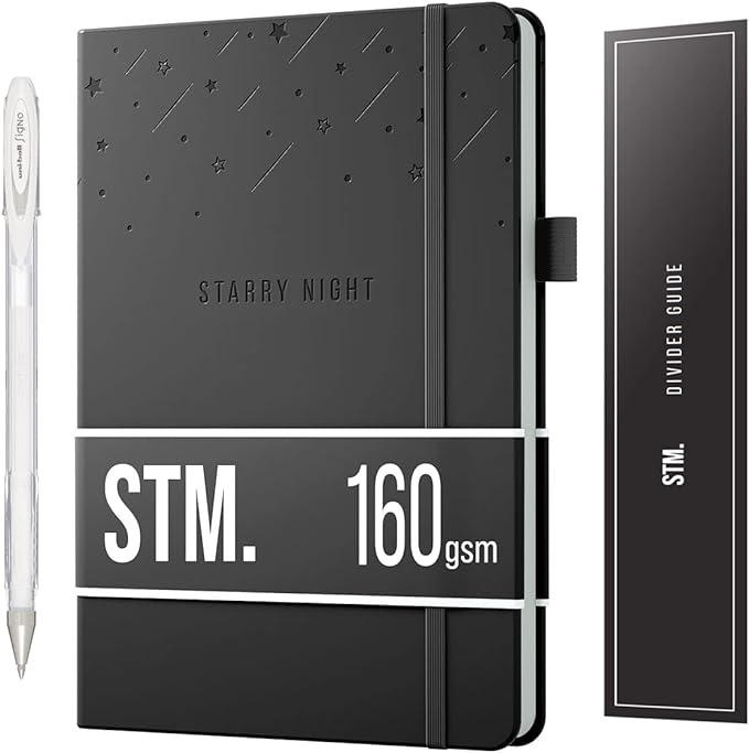 Scribbles That Matter Black Paper Bullet Dotted Journal Notebook | B5 Starry Night Free white gel pen | 160gsm Blackout no-bleed dot grid paper | For Men and Women | 7 x 10 in | Black