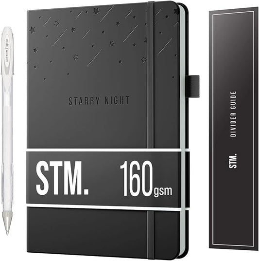 Scribbles That Matter Black Paper Bullet Dotted Journal Notebook | B5 Starry Night Free white gel pen | 160gsm Blackout no-bleed dot grid paper | For Men and Women | 7 x 10 in | Black