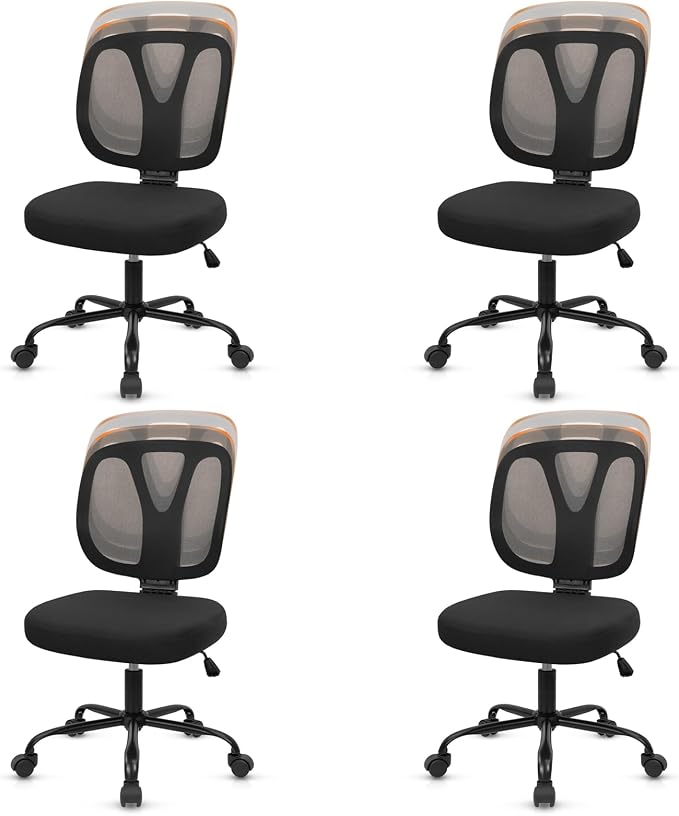 CLATINA Armless Home Office Chair, 360° Swivel Rolling Desk Chair with Lumbar Support and Wheels, Adjustable Height Mesh Back Small Ergonomic Computer Task Chair for Conference Waiting, Black(4 Pack)