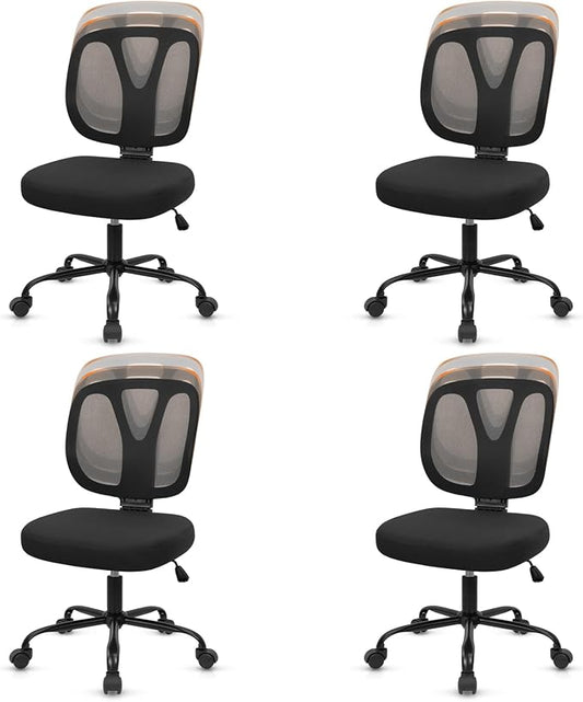 CLATINA Armless Home Office Chair, 360° Swivel Rolling Desk Chair with Lumbar Support and Wheels, Adjustable Height Mesh Back Small Ergonomic Computer Task Chair for Conference Waiting, Black(4 Pack)