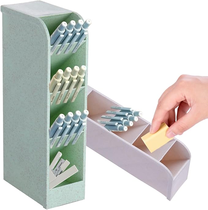 4-Grid Vertical Desk Organizer, Plastic Pen Holder | Pencils & Markers & Pens | Multifunctional Stationery Caddy | School Home Office(Green)