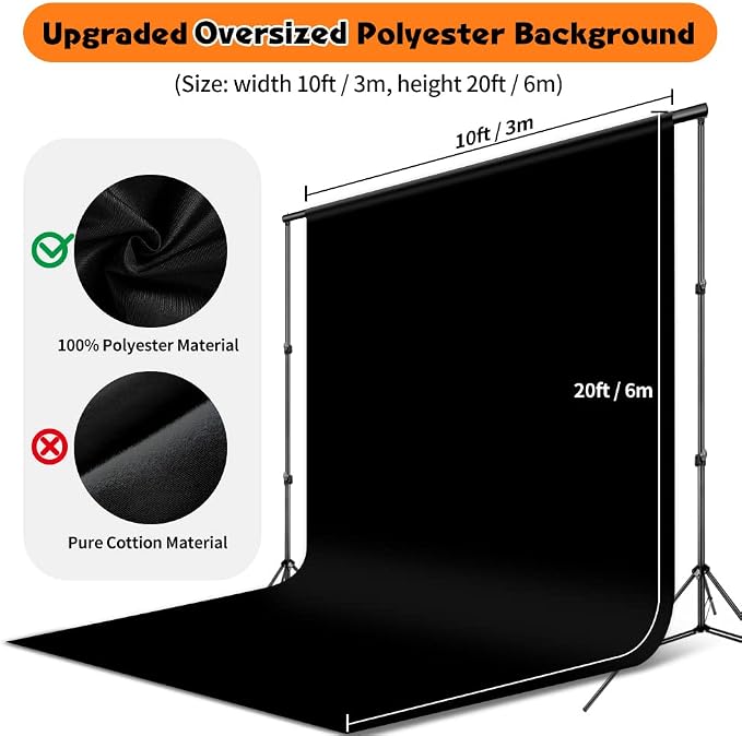 Black Backdrop, 10x20 ft Large Photo Backdrop Curtain for Photoshoot, Party, Black Background Screen for Photo, Video Photography, Studio