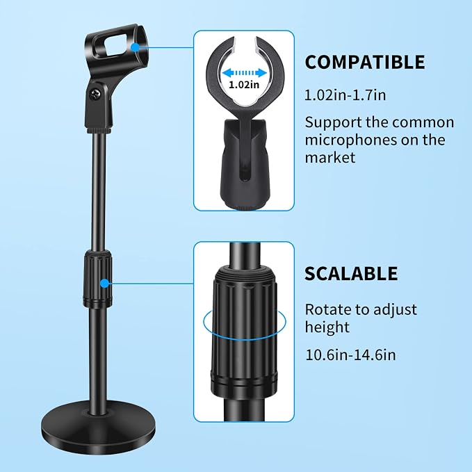 Small Desk Mic stand, Desktop Microphone Stand Adjustable Steel Table Mic Stand with Microphone Clip for Blue Yeti Snowball 10 Inch-14 Inch